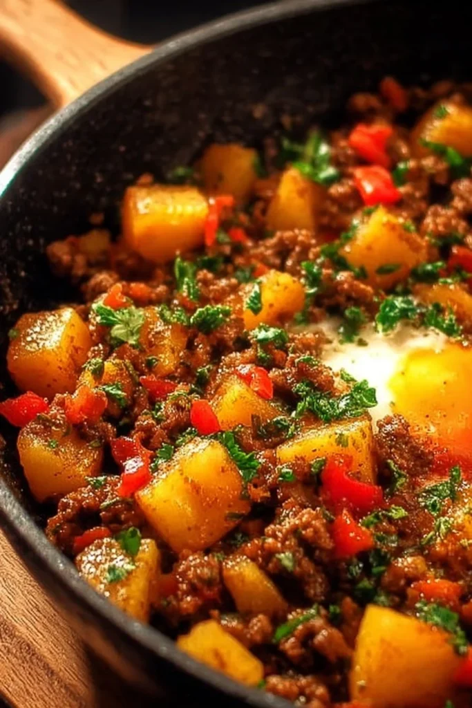 Delicious Ground Beef Potato Hash served in a skillet with herbs