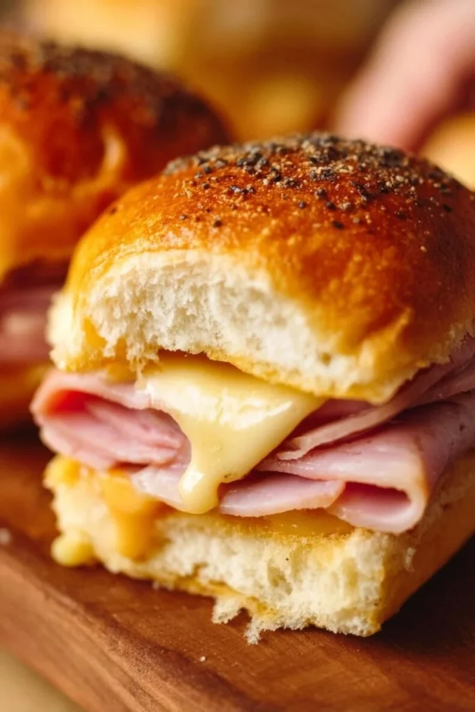 Ham and cheese sliders served on a platter, perfect for parties and gatherings.