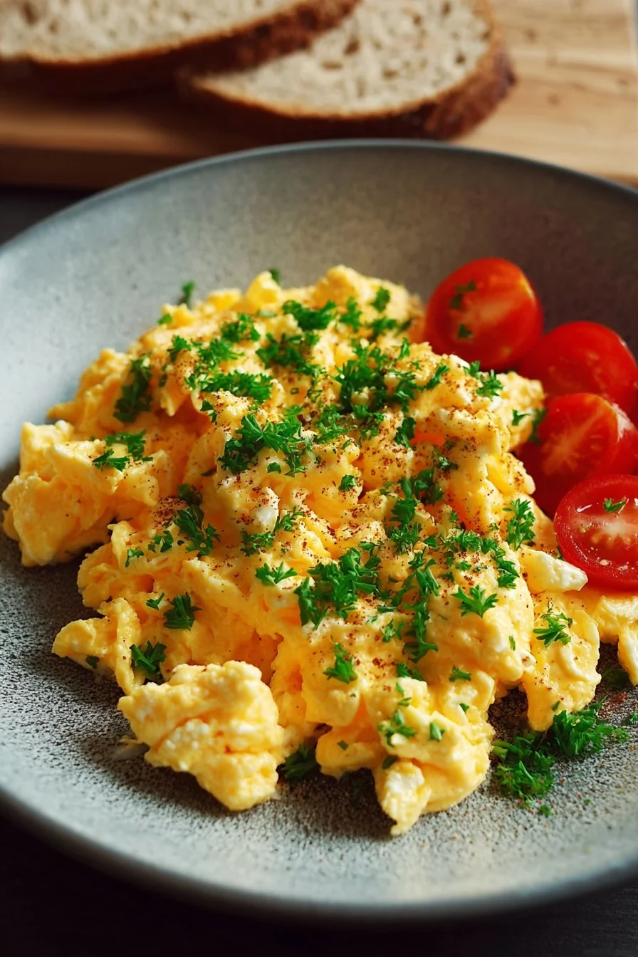 High-protein scrambled eggs mixed with cottage cheese served in a bowl