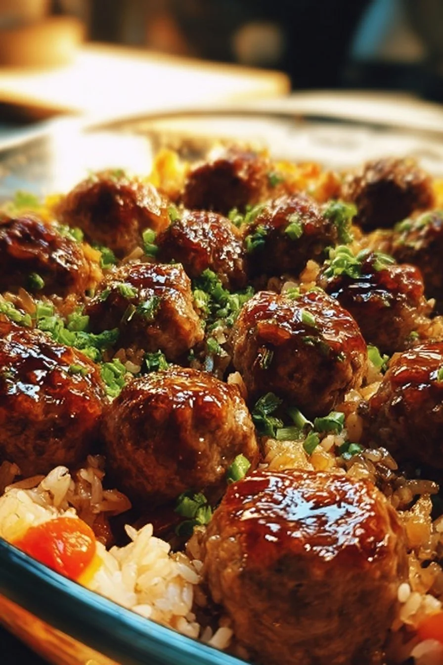 Honey Garlic Meatball Rice Bake 2 Honey Garlic Meatball Rice Bake topped with green onions in a baking dish.