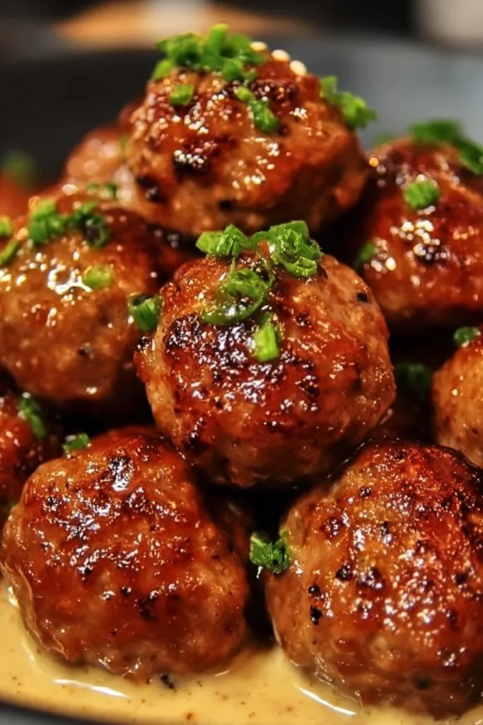 Korean BBQ Meatballs served on a plate with garnish