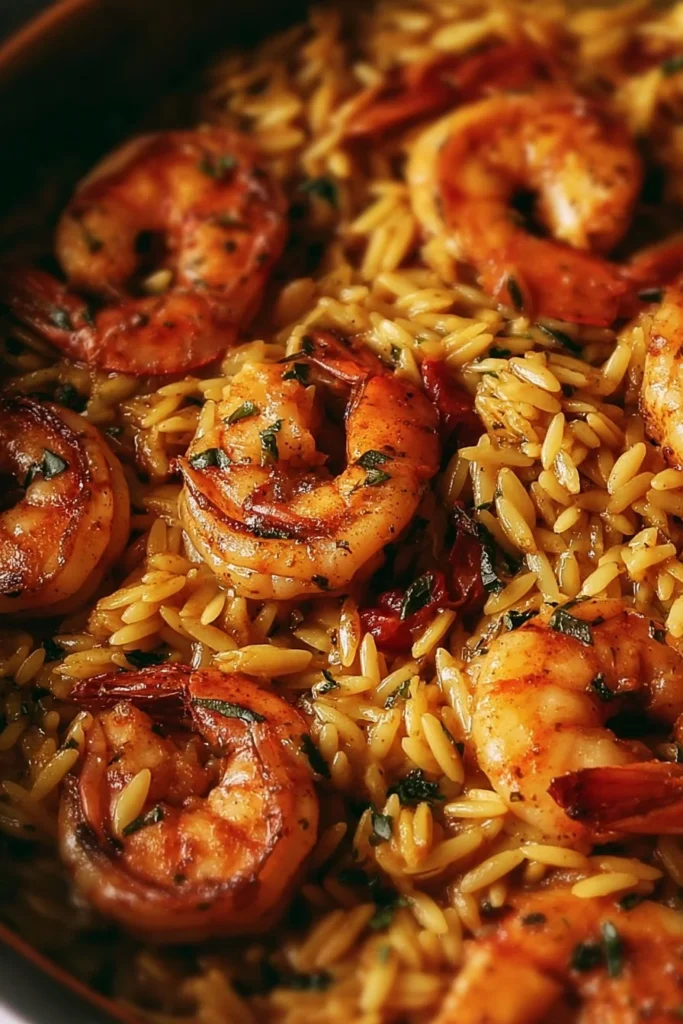 Delicious shrimp and orzo dish presented elegantly for special occasions.