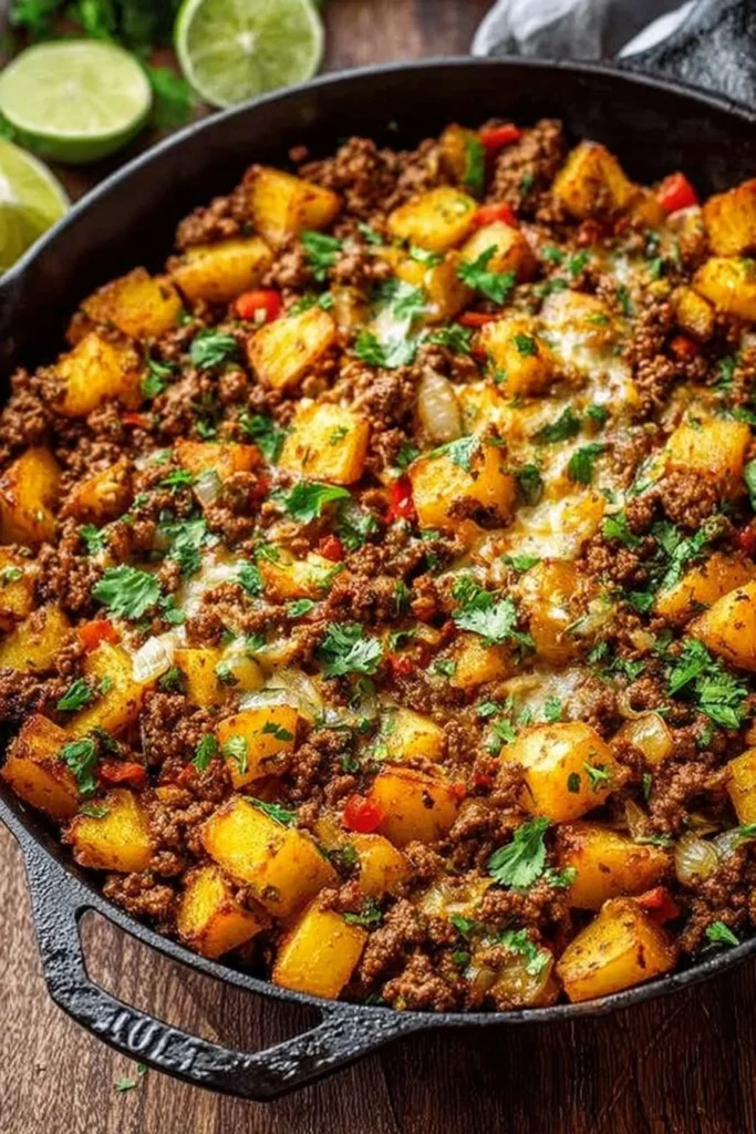 Mexican ground beef and potato skillet in a pan, ready to serve.
