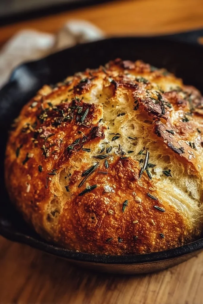 Freshly baked No-Knead Garlic Herb Dutch Oven Bread in a rustic kitchen setting