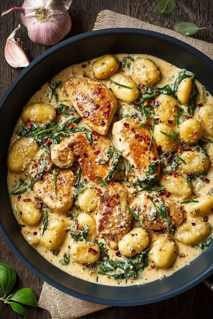 Delicious one-pan creamy garlic chicken gnocchi served in a skillet.