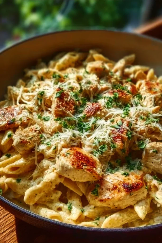 One Pot Creamy Parmesan Chicken Pasta with chicken, pasta, and creamy sauce