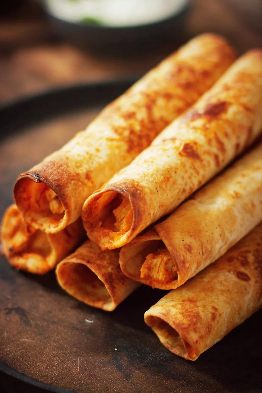 Oven Baked Chicken Taquitos 2 Crispy oven baked chicken taquitos on a plate garnished with salsa and avocado.