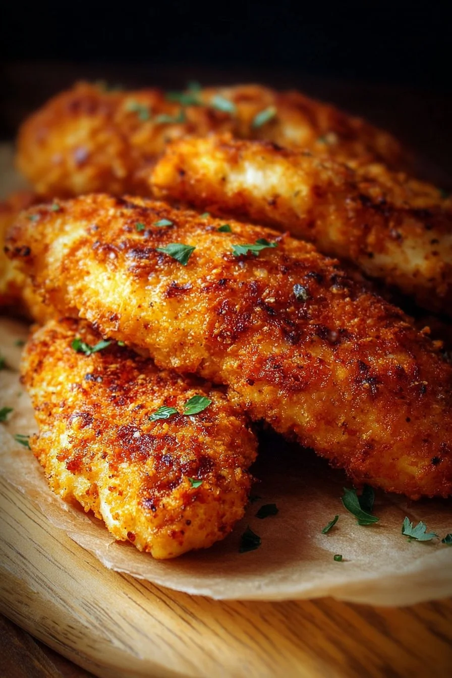 Oven Baked Chicken Tenders 2 Crispy oven baked chicken tenders on a plate with dipping sauce