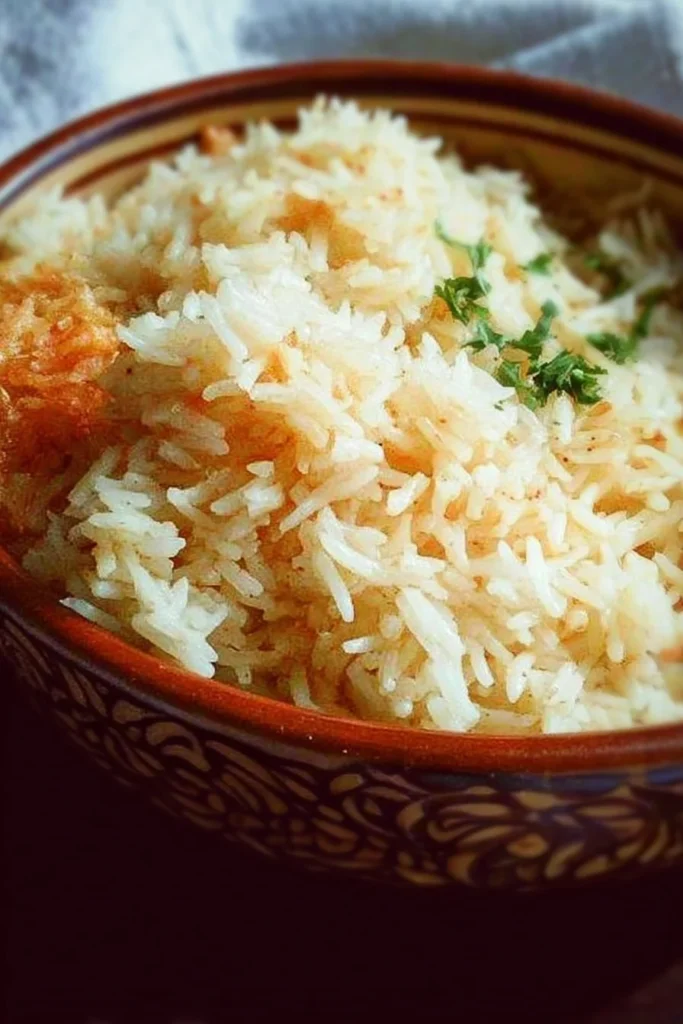 Delicious oven baked rice served in a bowl