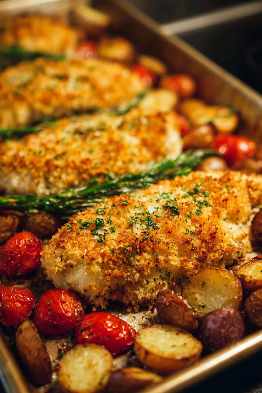 Parmesan Crusted Chicken Sheet Pan Dinner 2 Parmesan crusted chicken on a sheet pan with vegetables