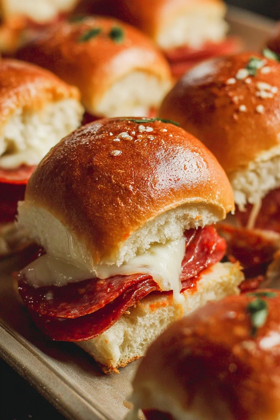 Pepperoni pizza sliders with cheese and pepperoni on a wooden board