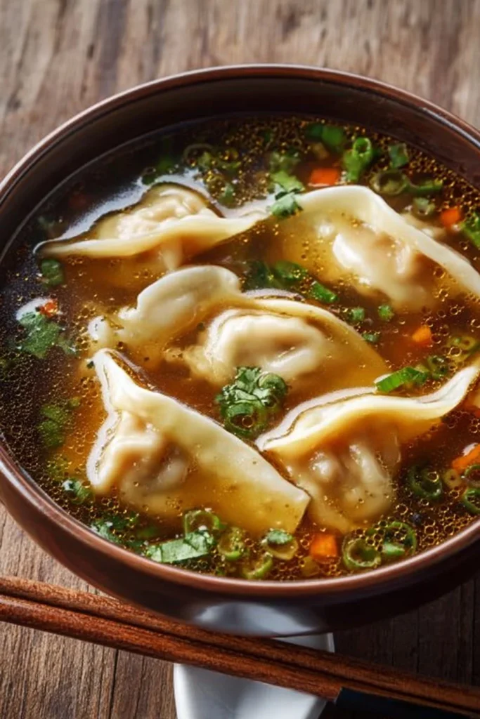 Delicious bowl of potsticker soup with dumplings and fresh vegetables