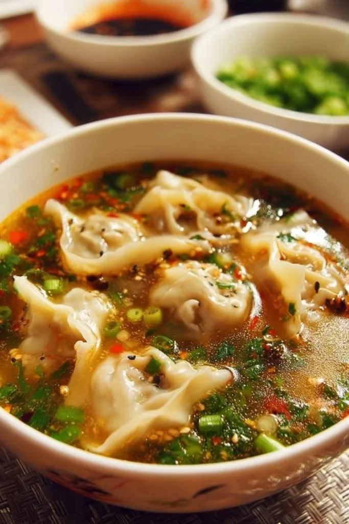 Bowl of homemade Potsticker Soup with dumplings and green onions