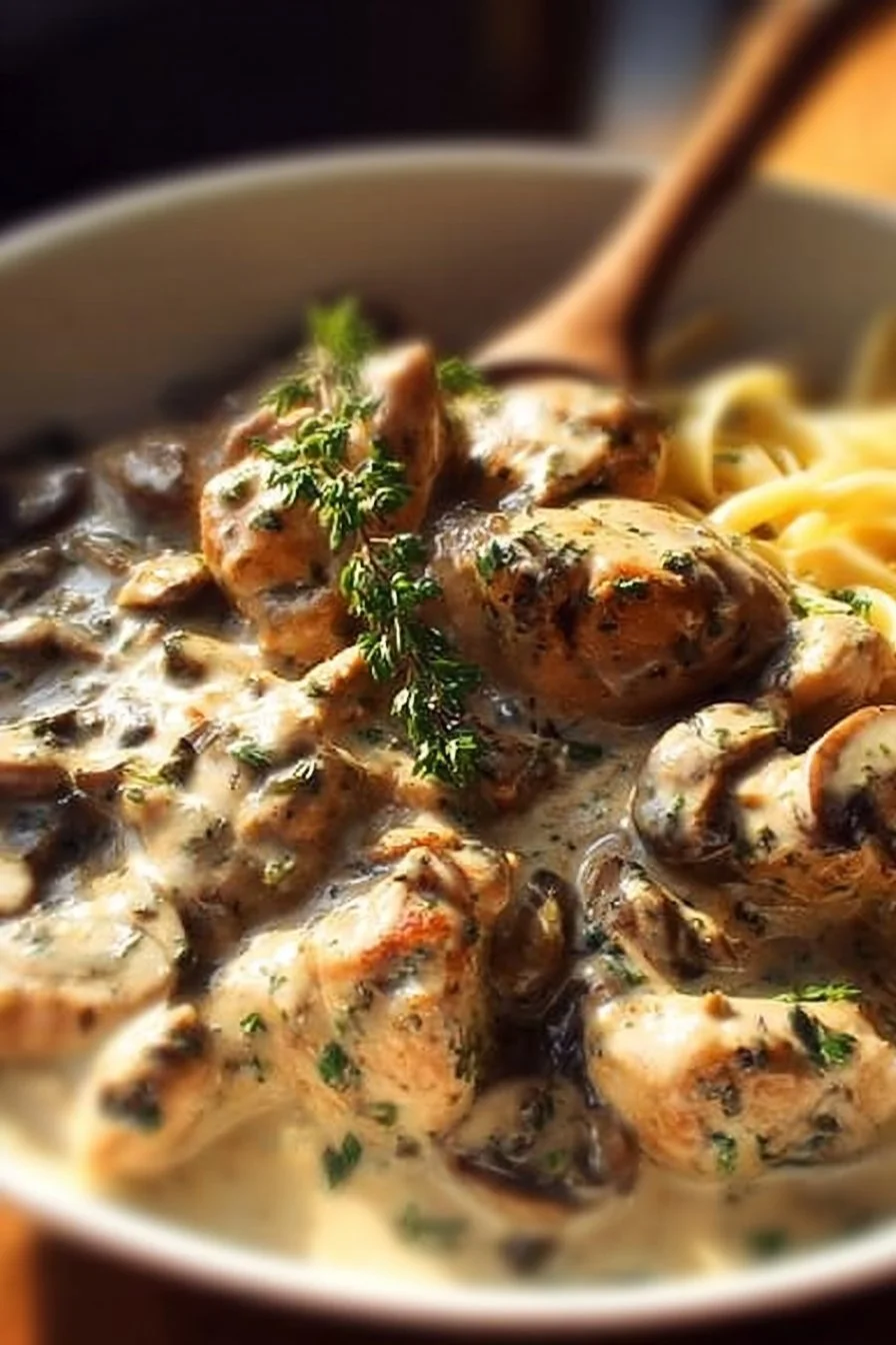 Delicious rich Chicken Stroganoff served in a bowl with herbs and noodles