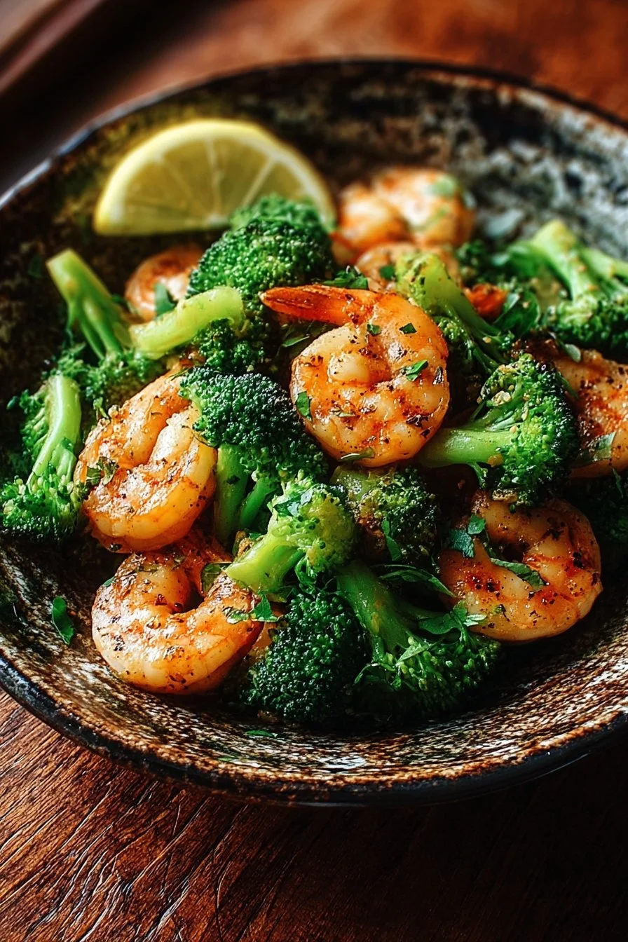 Shrimp and broccoli stir-fry dish served in a bowl