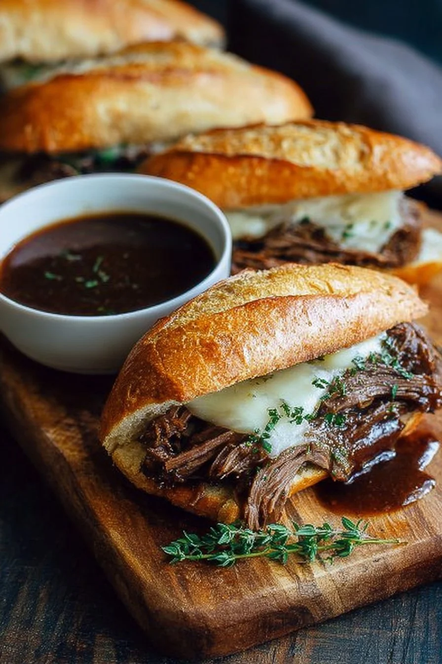 Delicious Slow-Cooker French Dip sandwich with dipping broth.