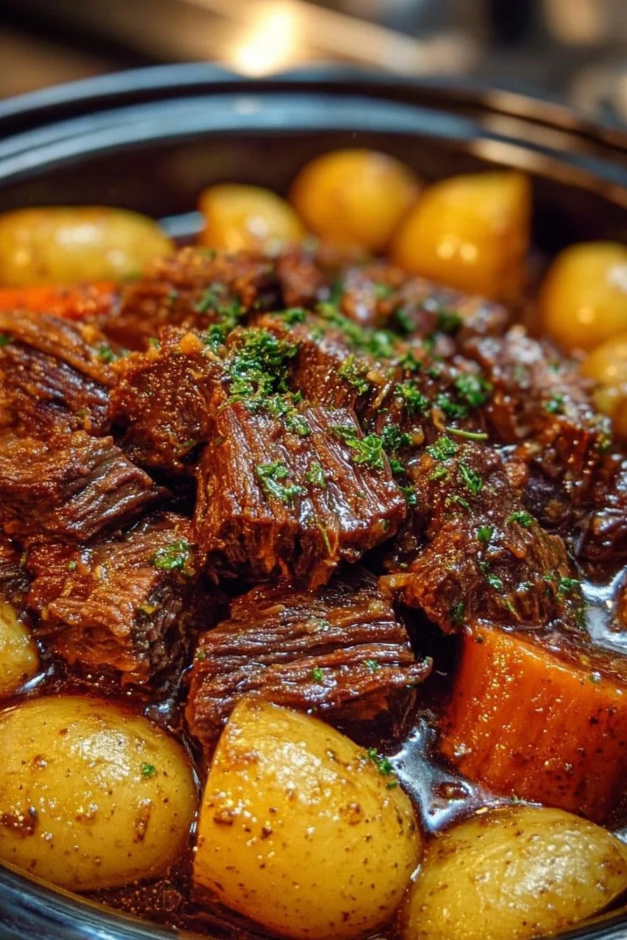 Delicious slow cooker garlic butter beef served with potatoes