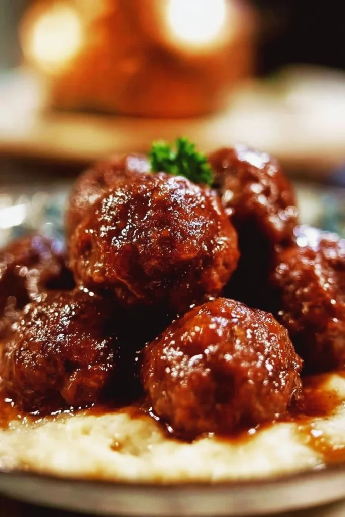 Delicious slow-cooked honey bourbon meatballs in a rich sauce.