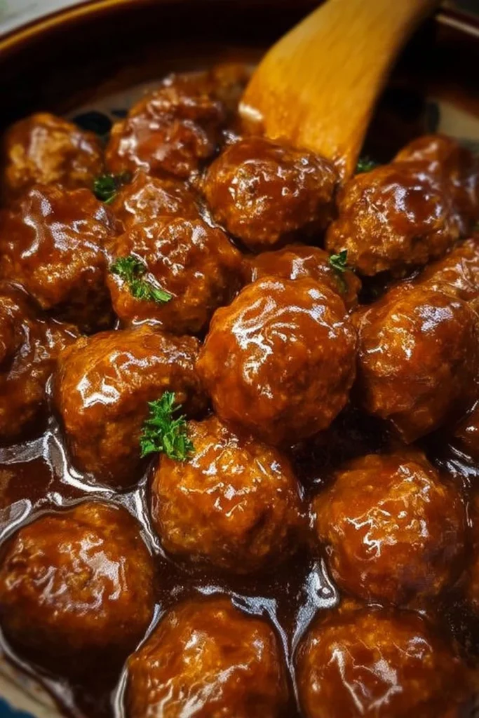 Slow Cooker Salisbury Steak Meatballs served with creamy gravy over mashed potatoes.