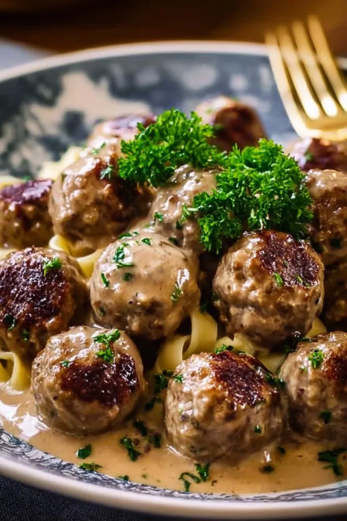 Plate of delicious slow cooker Swedish meatballs with gravy and herbs