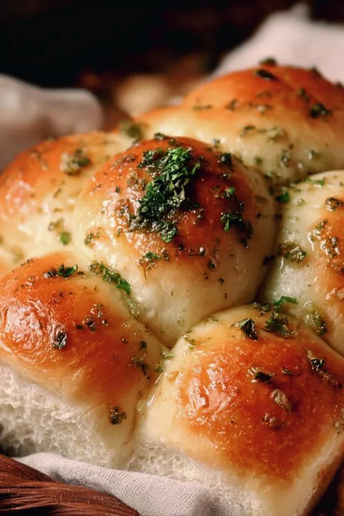 Freshly baked soft garlic bread rolls displayed on a wooden table