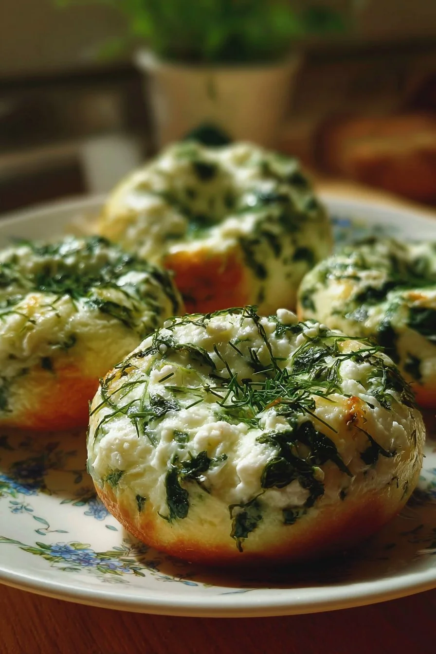 Freshly baked Spinach Cottage Cheese Bagels with spinach and cottage cheese topping.