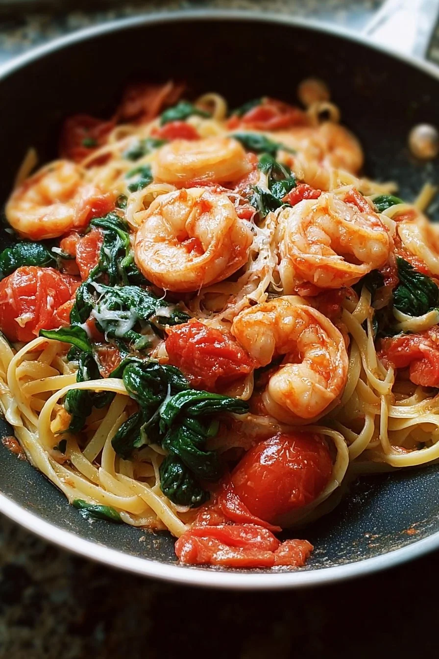 Delicious Tomato Spinach Shrimp Pasta served in a bowl with fresh ingredients.