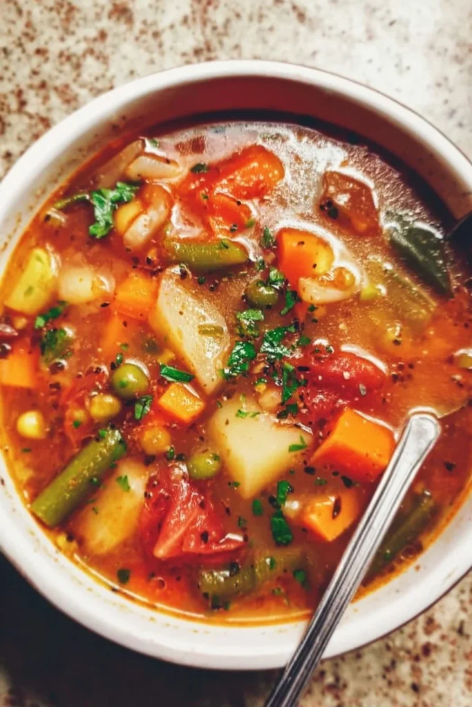 A bowl of homemade vegetable soup filled with vibrant vegetables and herbs.