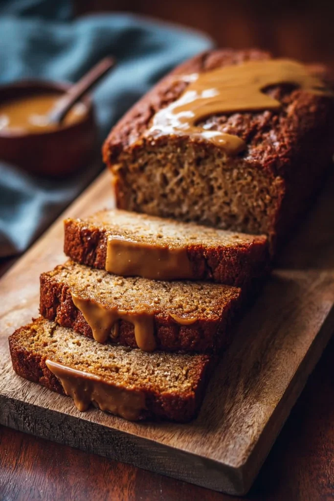 Viral Biscoff banana bread showcasing a slice with Biscoff spread on top.
