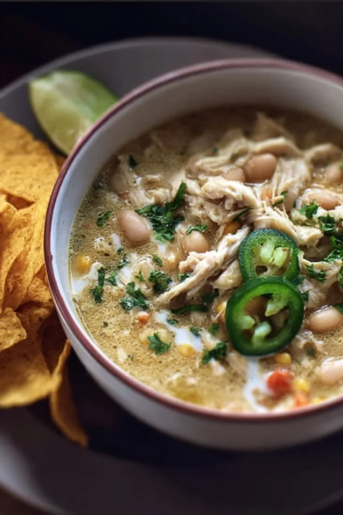Delicious bowl of white chicken chili topped with cilantro and avocado