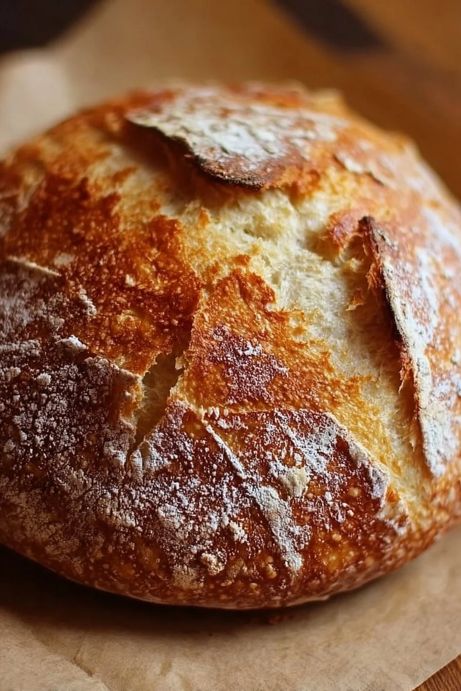 Freshly baked 4-ingredient artisan bread on a wooden board