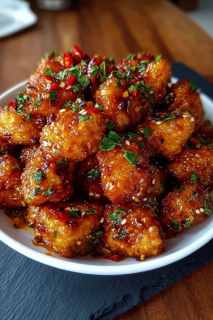 Crispy Air Fryer Bang Bang Chicken served with a spicy sauce