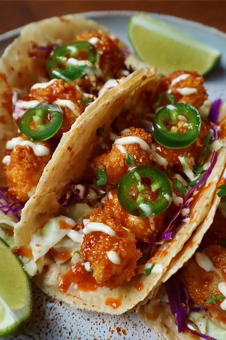 Delicious Air Fryer Bang Bang Shrimp Tacos served with fresh toppings.