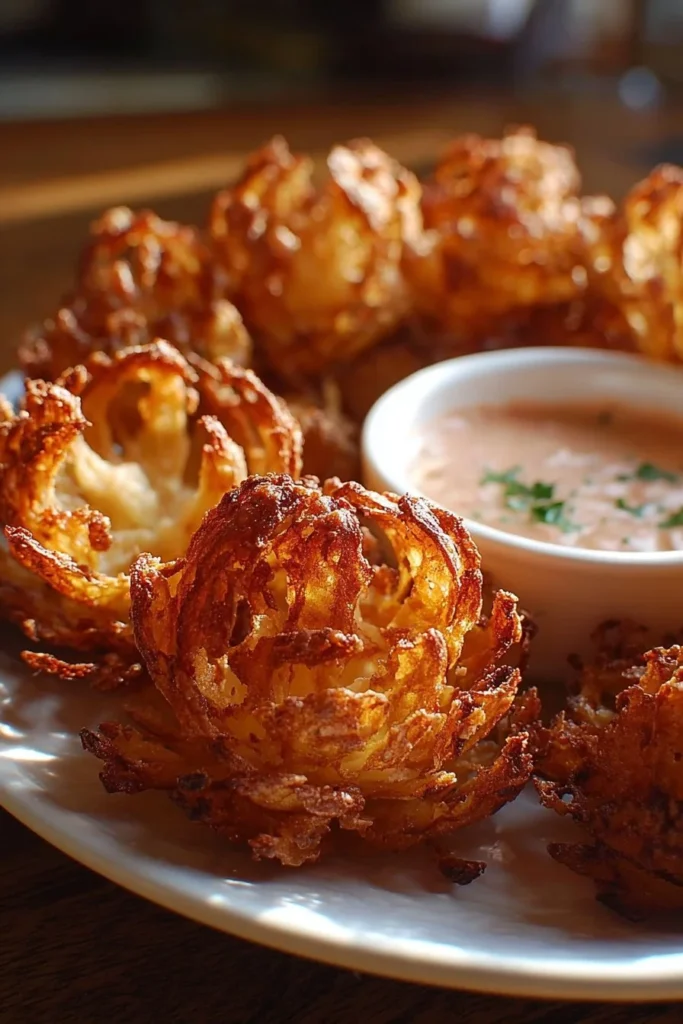Crispy air fryer blooming onion served on a platter with dipping sauce