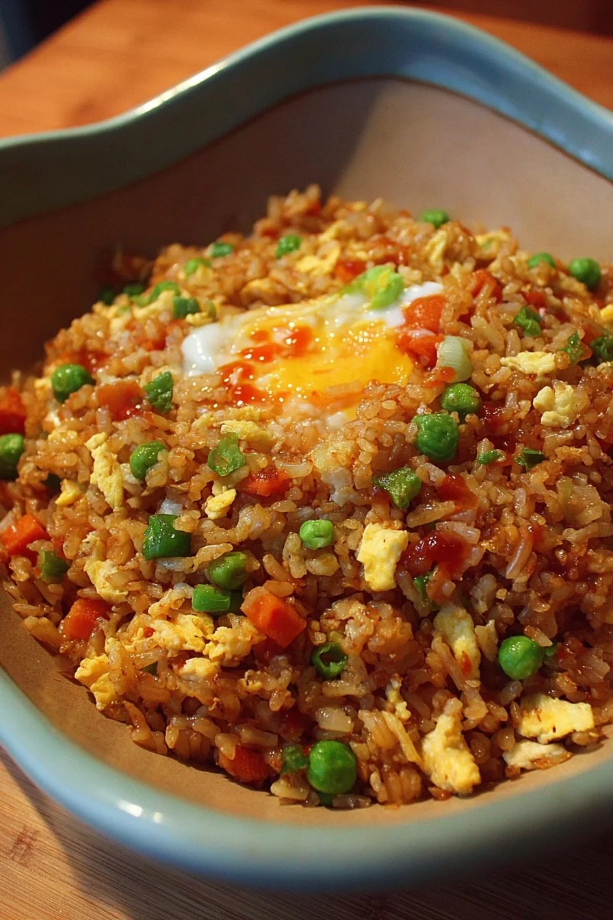 Delicious Air Fryer Fried Rice served in a bowl with colorful vegetables