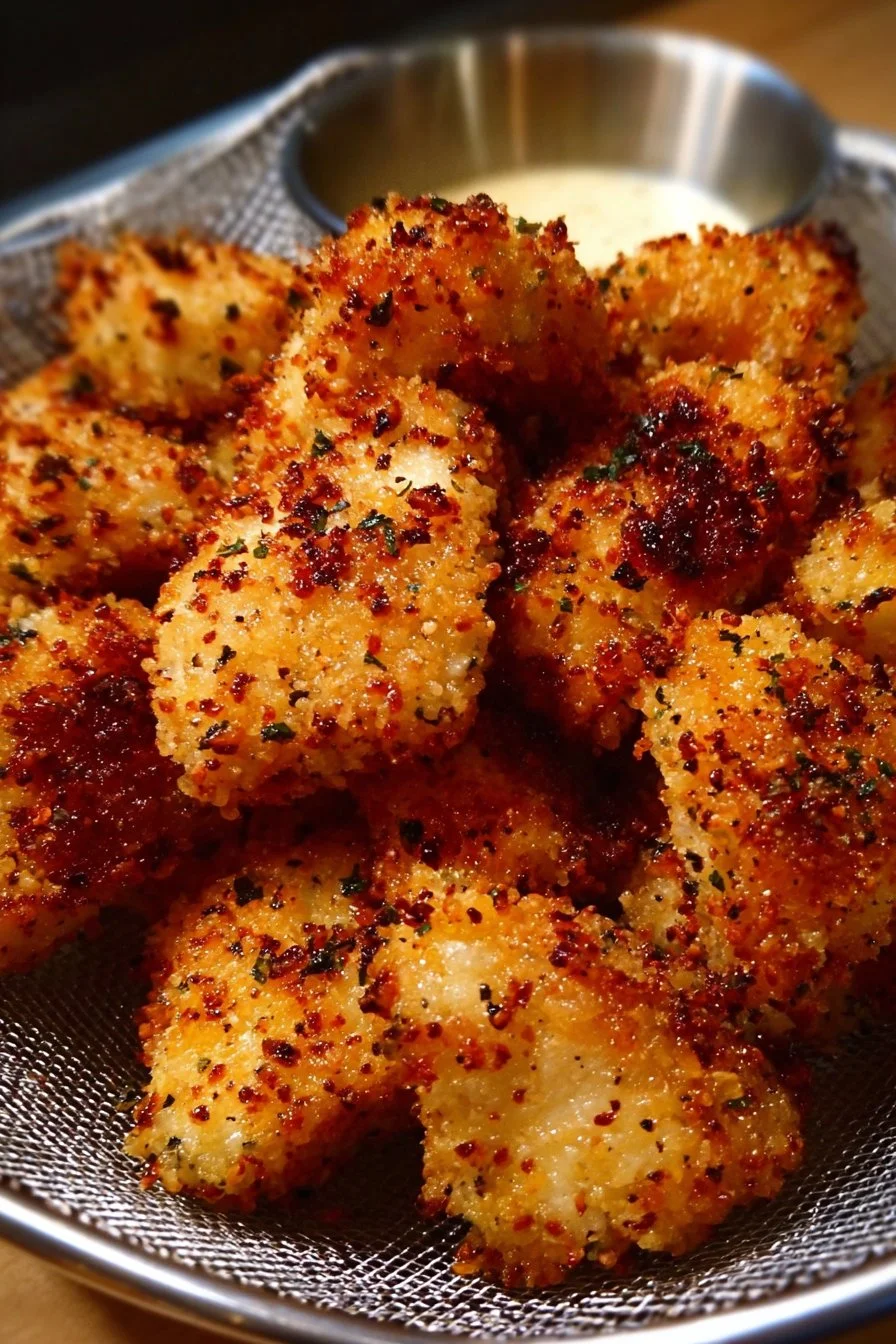 Golden air fryer ranch-crusted chicken bites on a plate ready to serve.