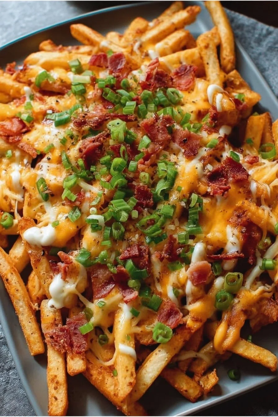 Plate of amazing loaded fries with toppings and sauces