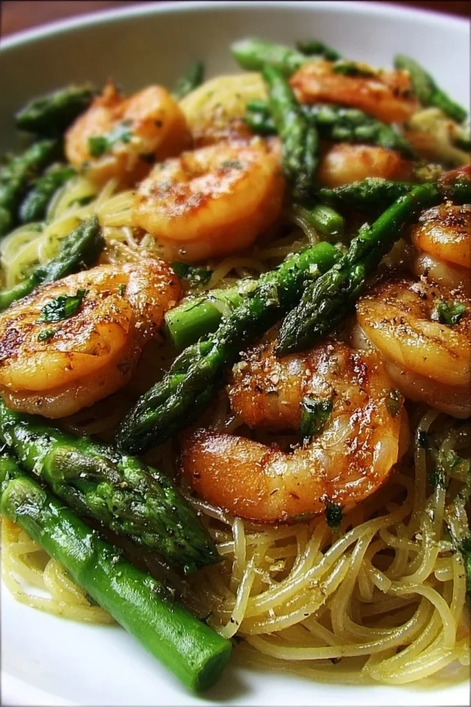 Asparagus shrimp angel hair pasta served with a fresh herb garnish