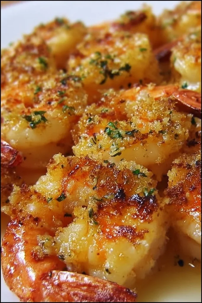 Baked garlic Parmesan shrimp topped with herbs and spices.