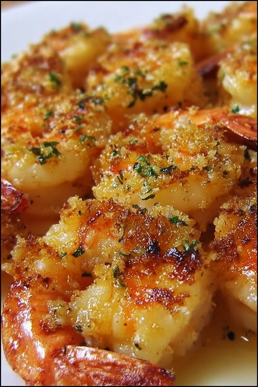 Baked garlic Parmesan shrimp topped with herbs and spices.