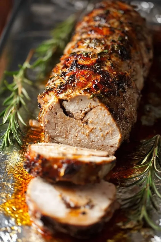 Baked pork tenderloin seasoned and ready to serve with vegetables.