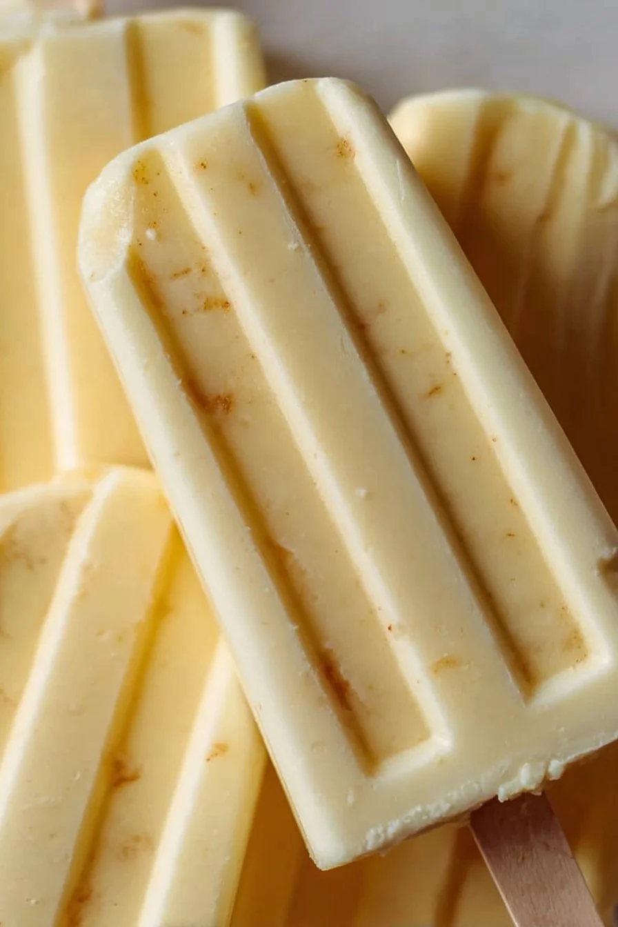 Banana Pudding Popsicles 2 Banana pudding popsicles on a wooden plate