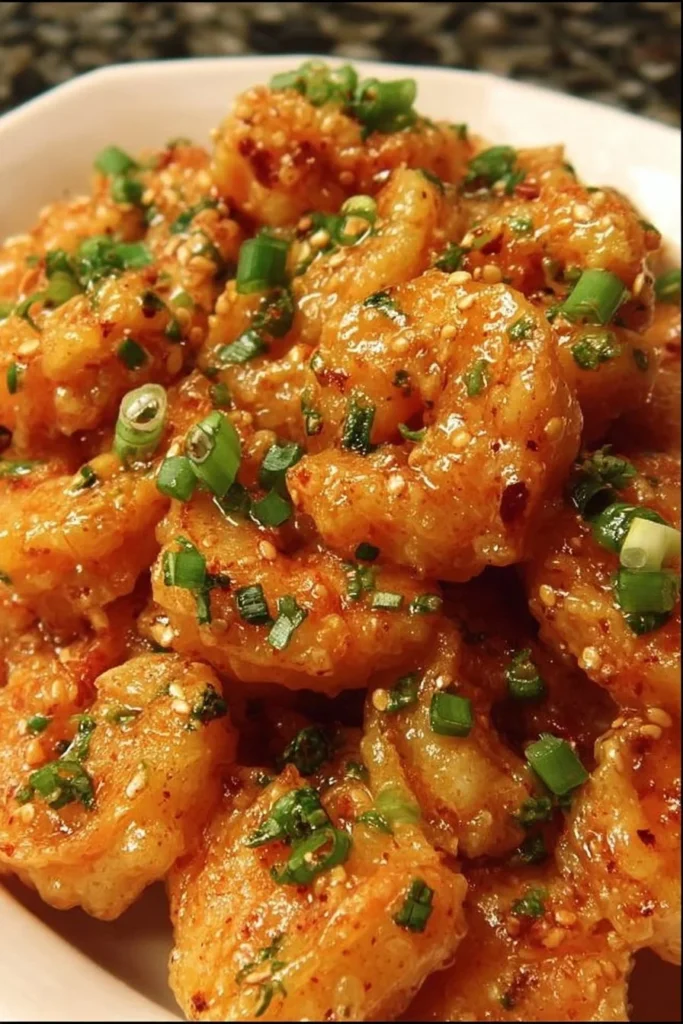 Bang Bang Shrimp with a creamy spicy sauce and garnish