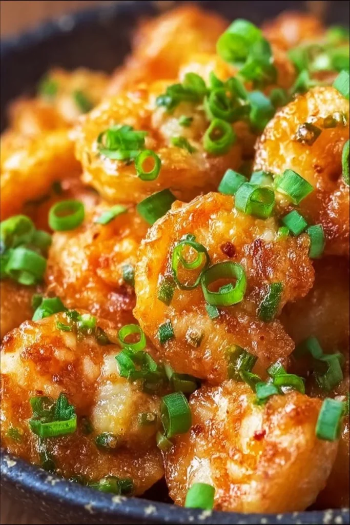 Plate of delicious Bang Bang Shrimp topped with a spicy sauce and garnished.