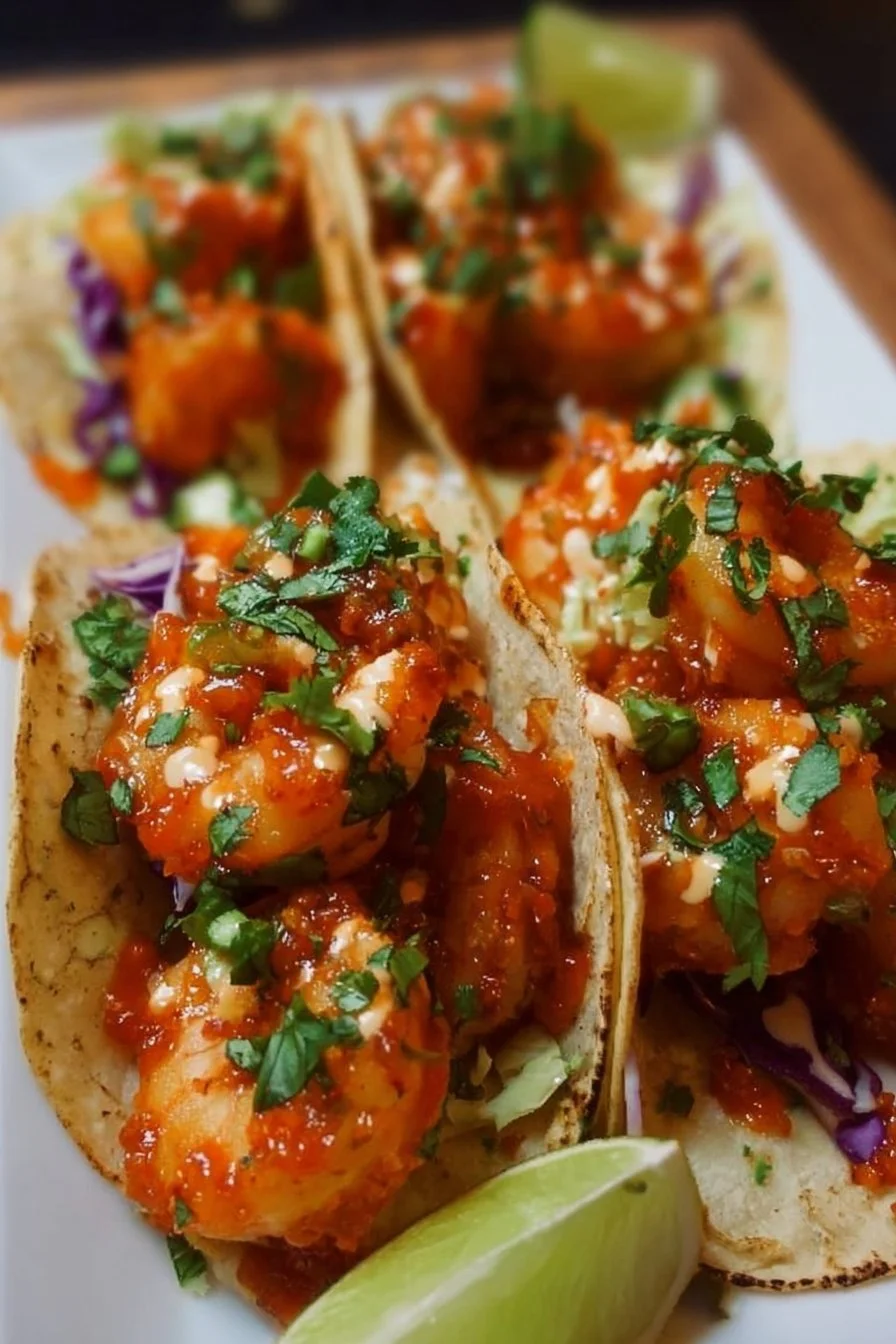 Bang Bang Shrimp Tacos 2 Delicious Bang Bang Shrimp Tacos ready to serve, topped with creamy sauce and fresh ingredients.
