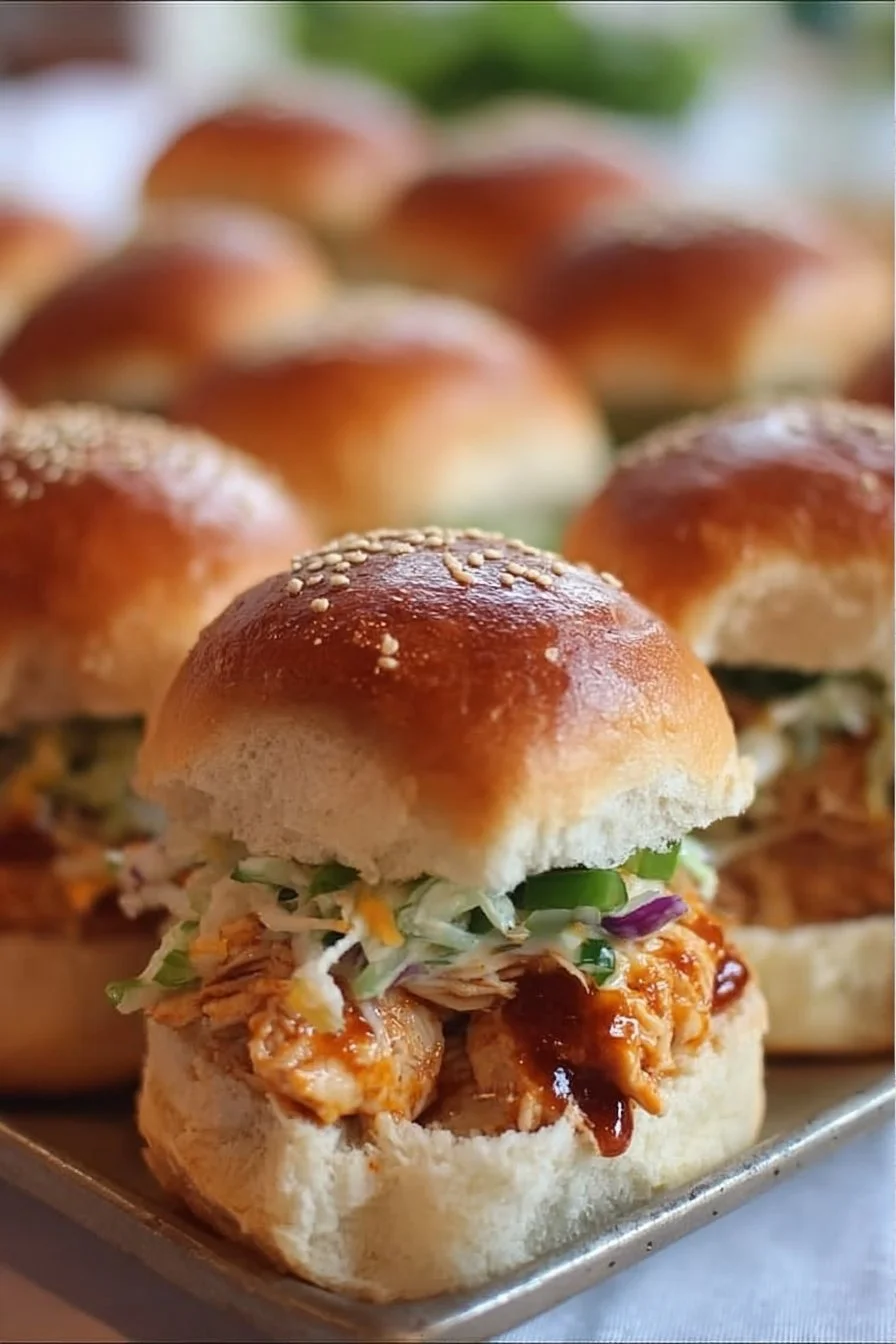 Barbecue Chicken Sliders 2 Delicious barbecue chicken sliders served on a platter