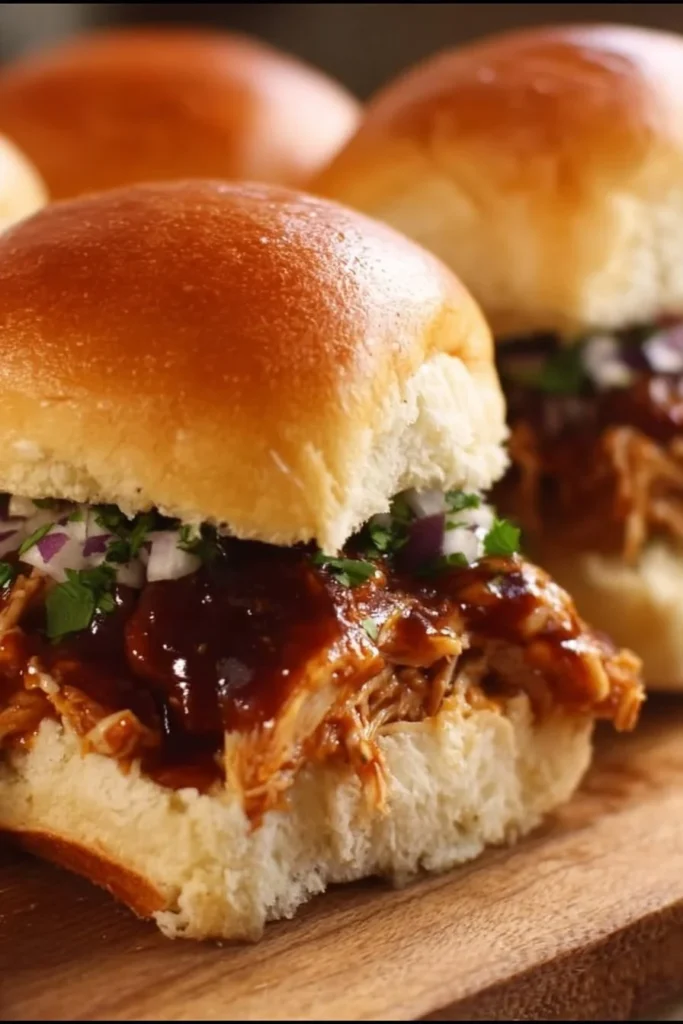 Delicious BBQ chicken sliders served on a platter with fresh ingredients.