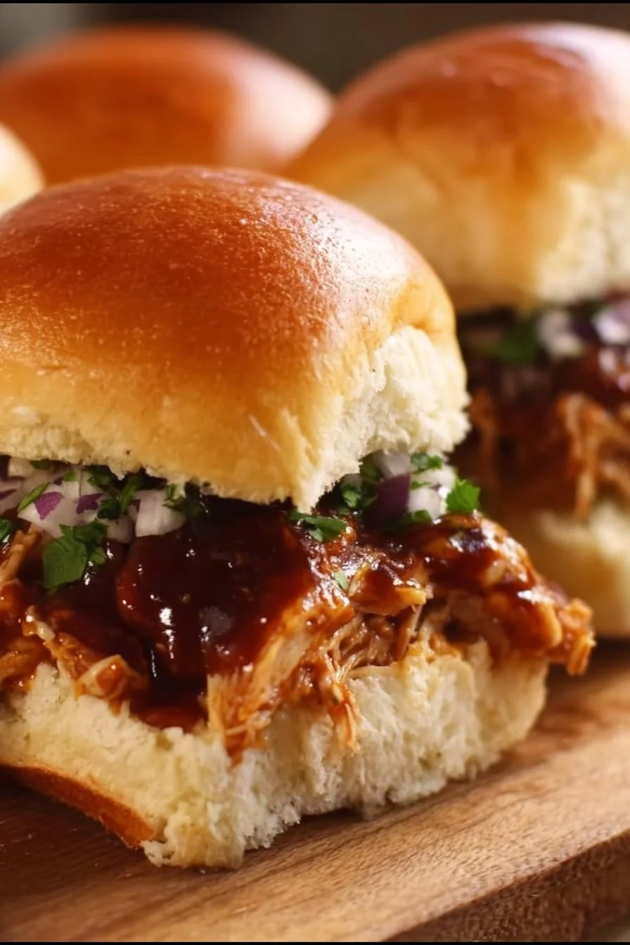 BBQ Chicken Sliders 2 Delicious BBQ chicken sliders served on a platter with fresh ingredients.
