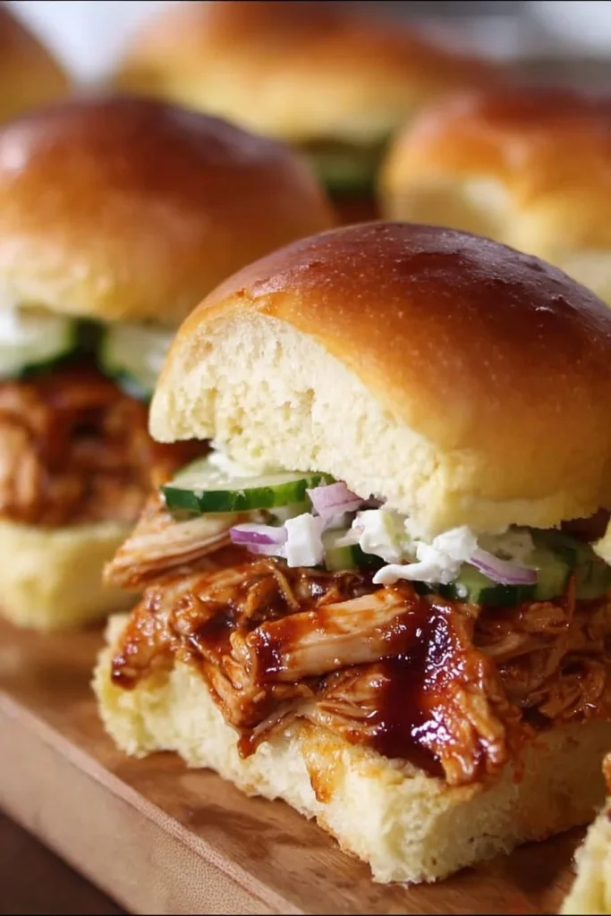 Delicious BBQ chicken sliders served on a platter with fresh toppings