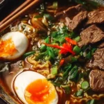 Delicious bowl of beef ramen noodle soup with fresh ingredients